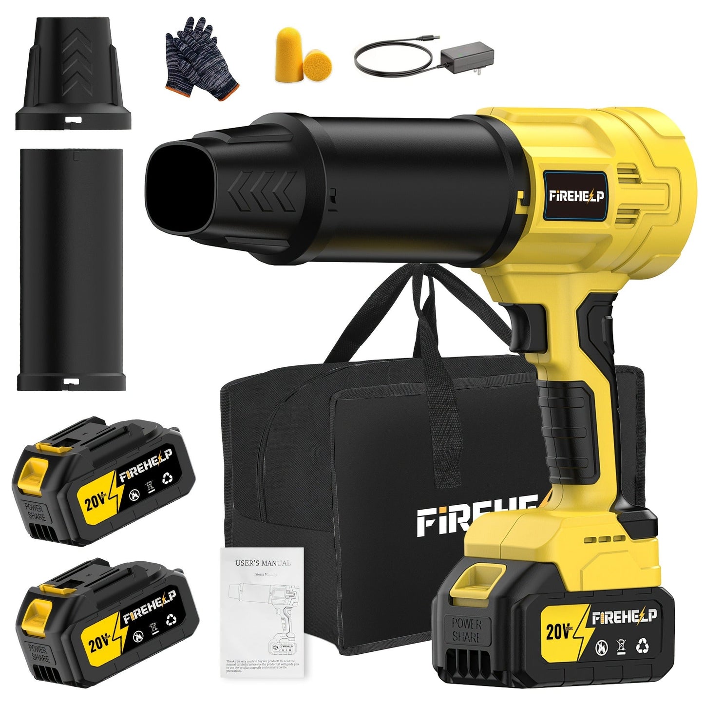 20V Cordless Leaf Blower with 50,000 RPM Marking, Yellow or Green Body and Six Dual-Battery Package Options