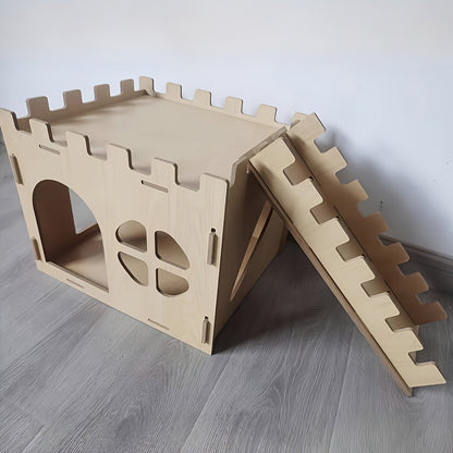 Wooden Rabbit Castle House – Detachable Solid Wood Hideout for Rabbits, Hamsters & Small Pets | Creative Splicing Toy Nest Playhouse