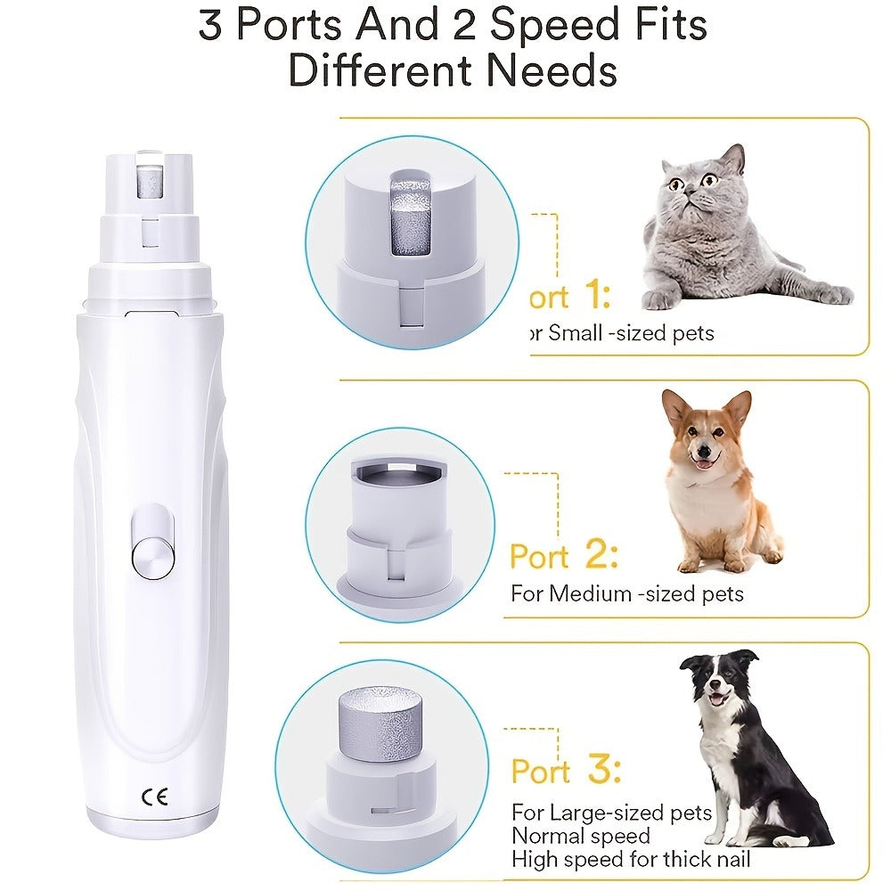 Electric Pet Nail Grinder 2-Speed 3-Port - Rechargeable Quiet Dog Cat Nail Trimmer with 3 Hour Battery Life, Painless Paw Nail Polisher for Small Medium Large Dogs All Breeds, White