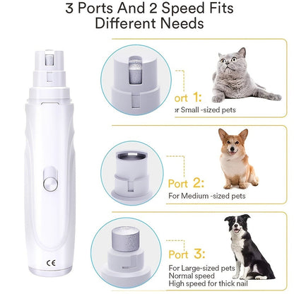 Electric Pet Nail Grinder 2-Speed 3-Port - Rechargeable Quiet Dog Cat Nail Trimmer with 3 Hour Battery Life, Painless Paw Nail Polisher for Small Medium Large Dogs All Breeds, White