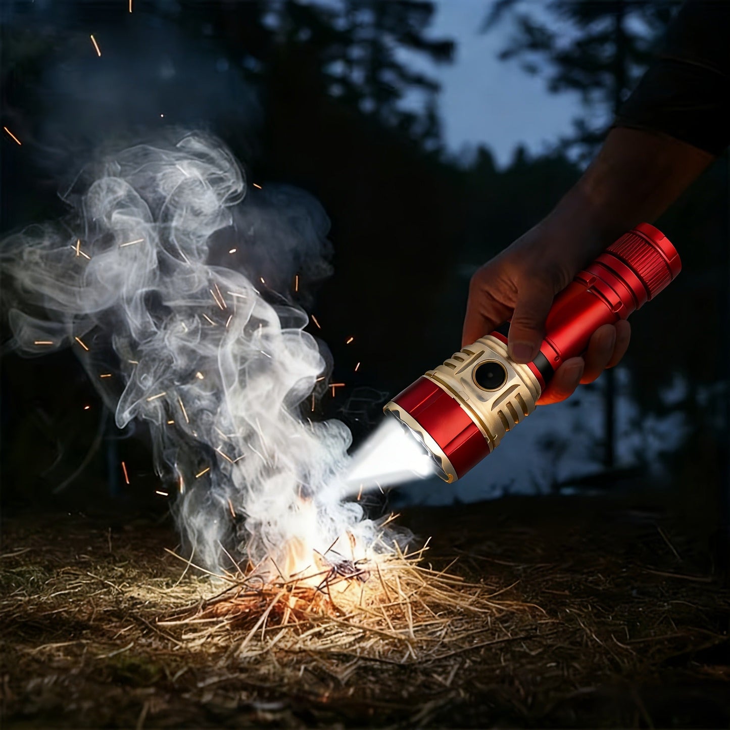 Flashlight Fresnel Lens Rechargeable Hand Torch with 21700 3500mAh Battery in Red Finish for Outdoor Use