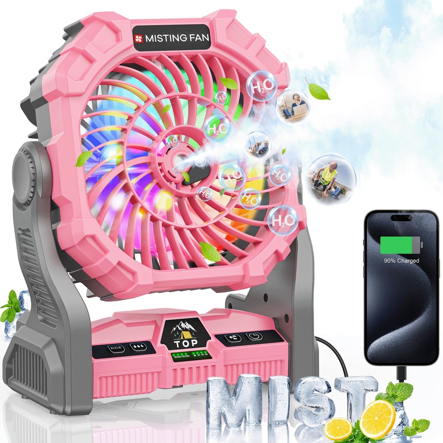 Camping Fan Rechargeable 20000mAh with Misting Solar Panel RGB Mood Light 4-Speed Tent Hook Phone Charging Portable Outdoor Fan