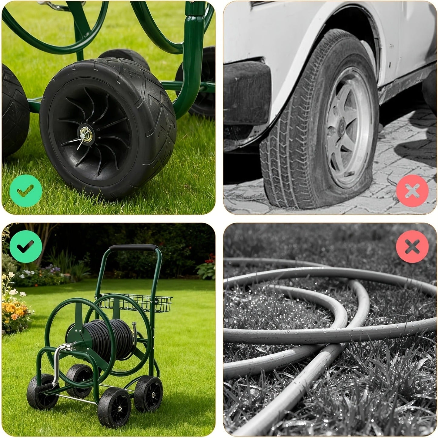 Four-Wheel Garden Hose Reel Cart in Green with Crank Handle, Storage Basket and Padded Push Grip