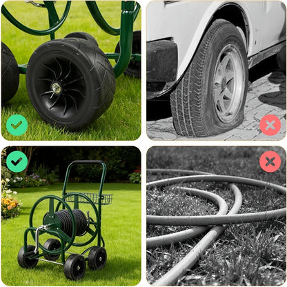 Four-Wheel Garden Hose Reel Cart in Green with Crank Handle, Storage Basket and Padded Push Grip