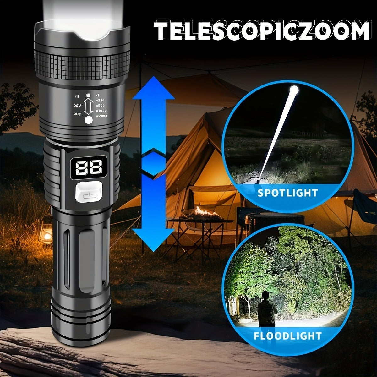 Flashlight 800-Lumen Zoomable Rechargeable Torch with 150m Range in 2, 4 or 8-Piece Packs for Outdoor Use