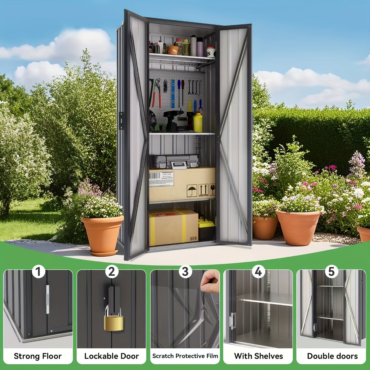 Tall Metal-Look Outdoor Storage Cabinet with Double Doors, 22 or 28 Cu Ft Checkout Capacity Options