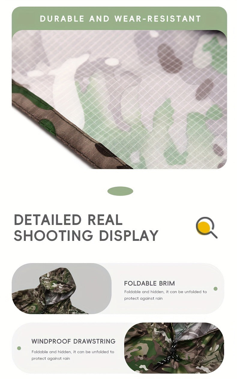 Digital Camouflage Hooded Rain Poncho with Snap-Side Closure, Front Pocket and Matching Storage Bag