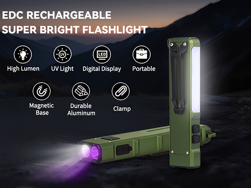 Flashlight Magnetic Aluminum EDC Light with Nine Modes, UV and COB Side Lights, 1500mAh Battery and Display