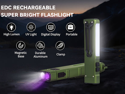 Flashlight Magnetic Aluminum EDC Light with Nine Modes, UV and COB Side Lights, 1500mAh Battery and Display