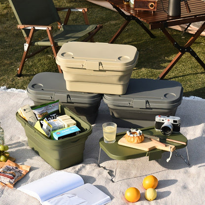 Picnic Basket Foldable with Detachable Table – Large Capacity Portable Camping Storage Basket with Handle, Multifunctional Outdoor Organizer Box for Hiking, Beach & Backyard, Green & Khaki