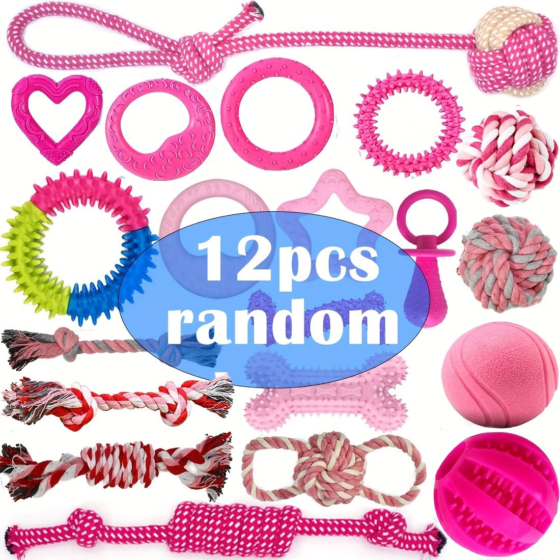 Dog Toy Pink Puppy Chew Bundle with Textured Toothbrush Shapes and Balls in Random 5 or 8 Pieces