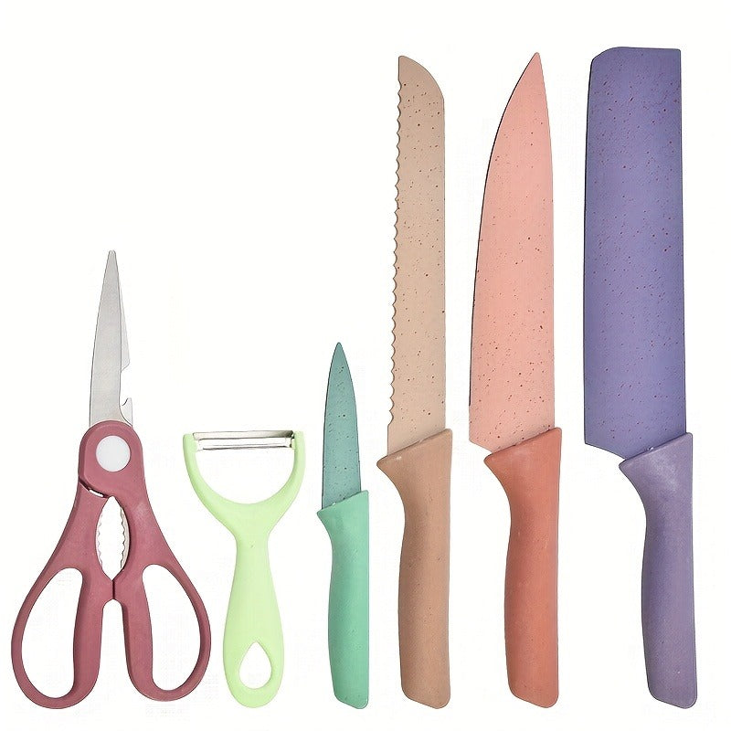 Kitchen Knife Set 7 Piece Stainless Steel Ergonomic Wheat Straw Handle with Cutting Board – Portable Camping Travel Chef Knives for Home Restaurant Outdoor Cooking Gift