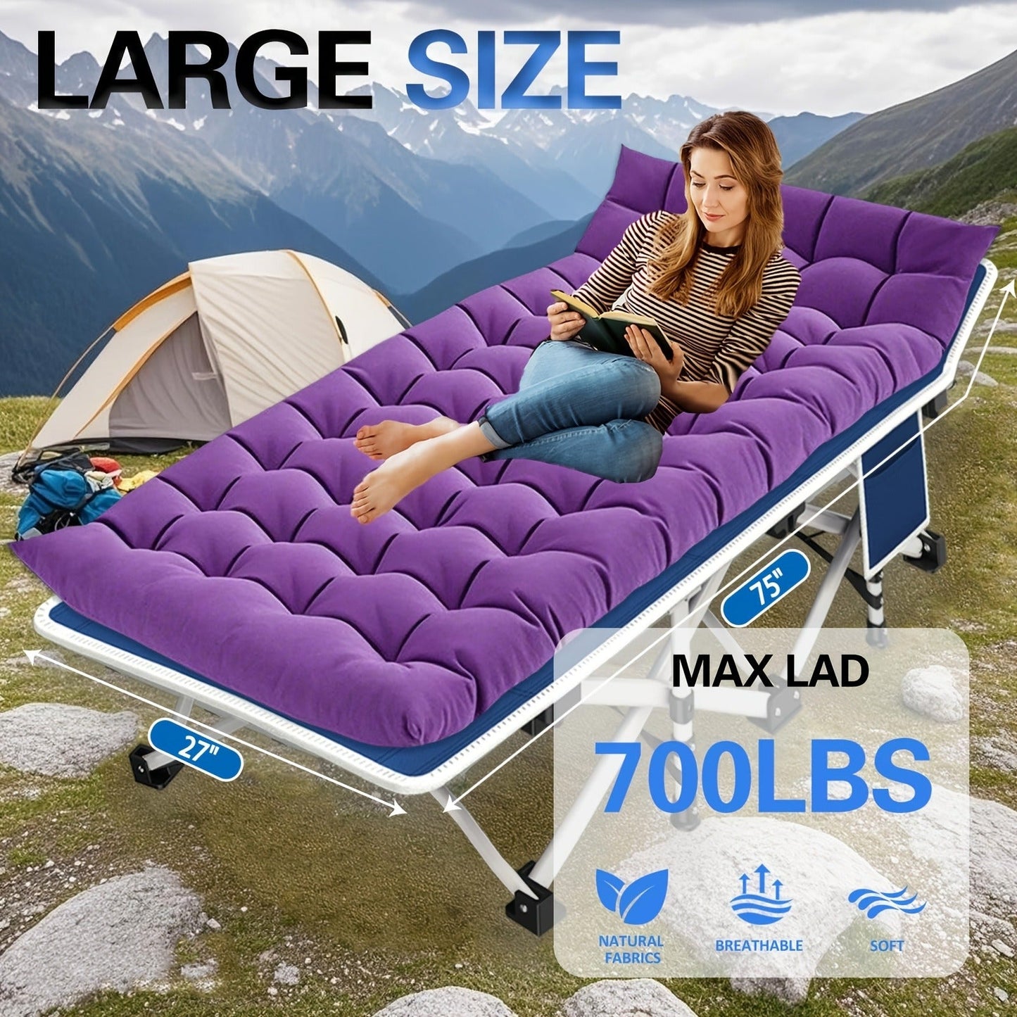 Folding Camping Cot with Mattress – XXL Heavy Duty Portable Sleeping Bed with Carry Bag, 700–900 lbs Capacity, 36×80 Inch Pad, Guest Bed for Adults, Easy Setup for Outdoor Camping Travel Backpacking