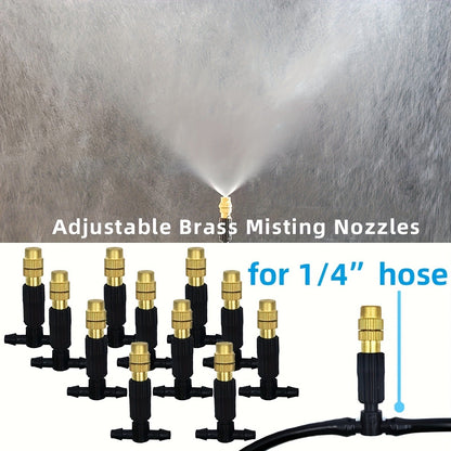 Outdoor Misting Cooling System 15m - 1/4" Brass Nozzles, 4/7mm Hose, Patio Garden Greenhouse