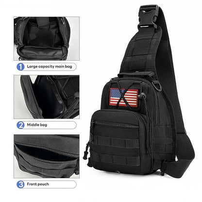 Compact Tactical Sling Backpack with Flag-Patch and Camo Options across Six Complete Checkout Styles
