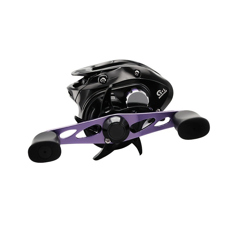 Black and Purple Baitcasting Fishing Reel with Left- or Right-Hand Retrieve and Dual-Paddle Handle