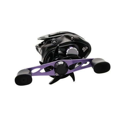 Black and Purple Baitcasting Fishing Reel with Left- or Right-Hand Retrieve and Dual-Paddle Handle