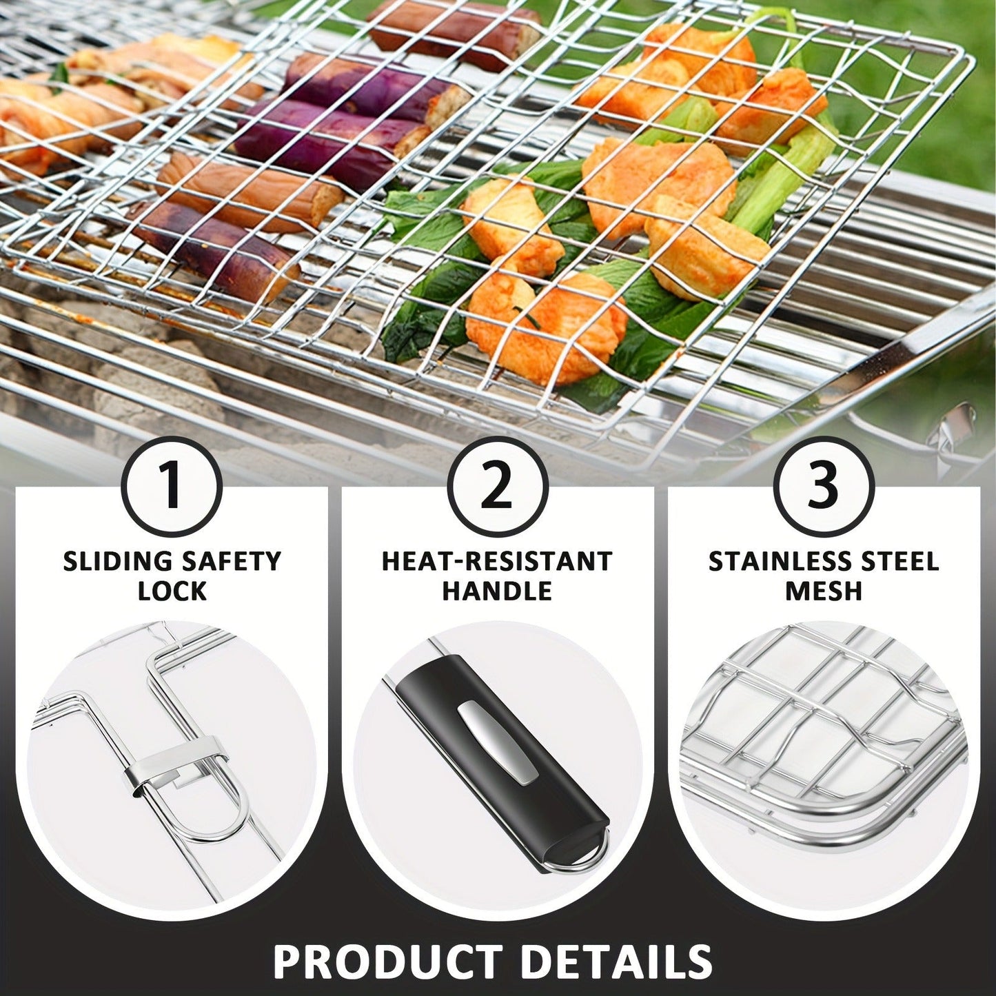 Grill Basket Stainless Steel Folding BBQ Grilling Basket for Fish Chicken Vegetables Shrimp Portable Outdoor Camping Barbecue Accessory 3 Sizes