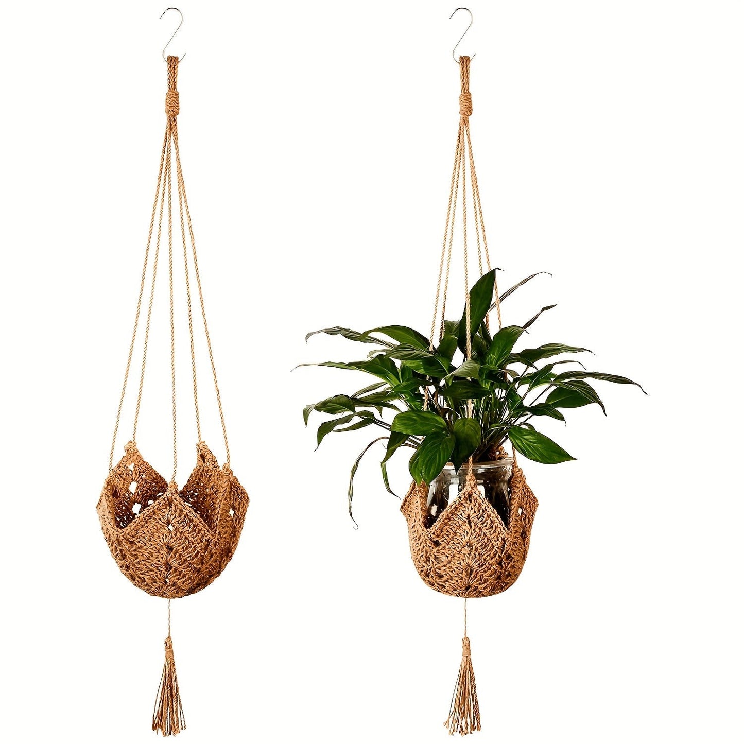 Macrame Plant Hanger with Tassels, Bohemian Cotton Rope Crochet Wall Basket, Indoor Outdoor Hanging Planter with Hooks, Boho Home Decor