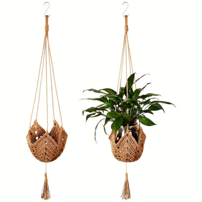 Macrame Plant Hanger with Tassels, Bohemian Cotton Rope Crochet Wall Basket, Indoor Outdoor Hanging Planter with Hooks, Boho Home Decor