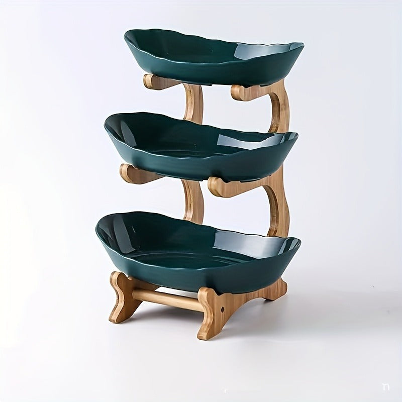 White or Green Countertop Display Stand with Two- or Three-Tier Curved Trays and Wood-Look Supports