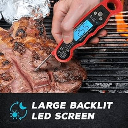 Red and Black Folding Digital Food Thermometer with Backlit Display, Calibration Mode, Unit Switch and Hanging Loop