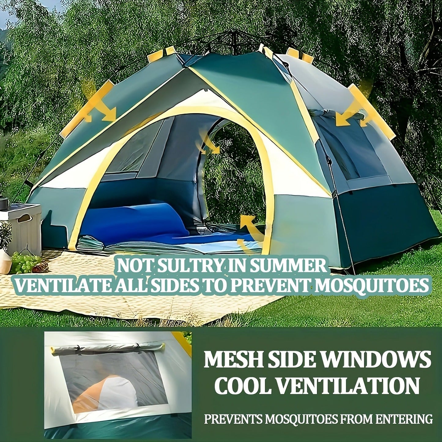 Camping Tent 4-Person Pop-Up Sunshade with Insect-Mesh Panels, Two-Door Option and M or L Sizes