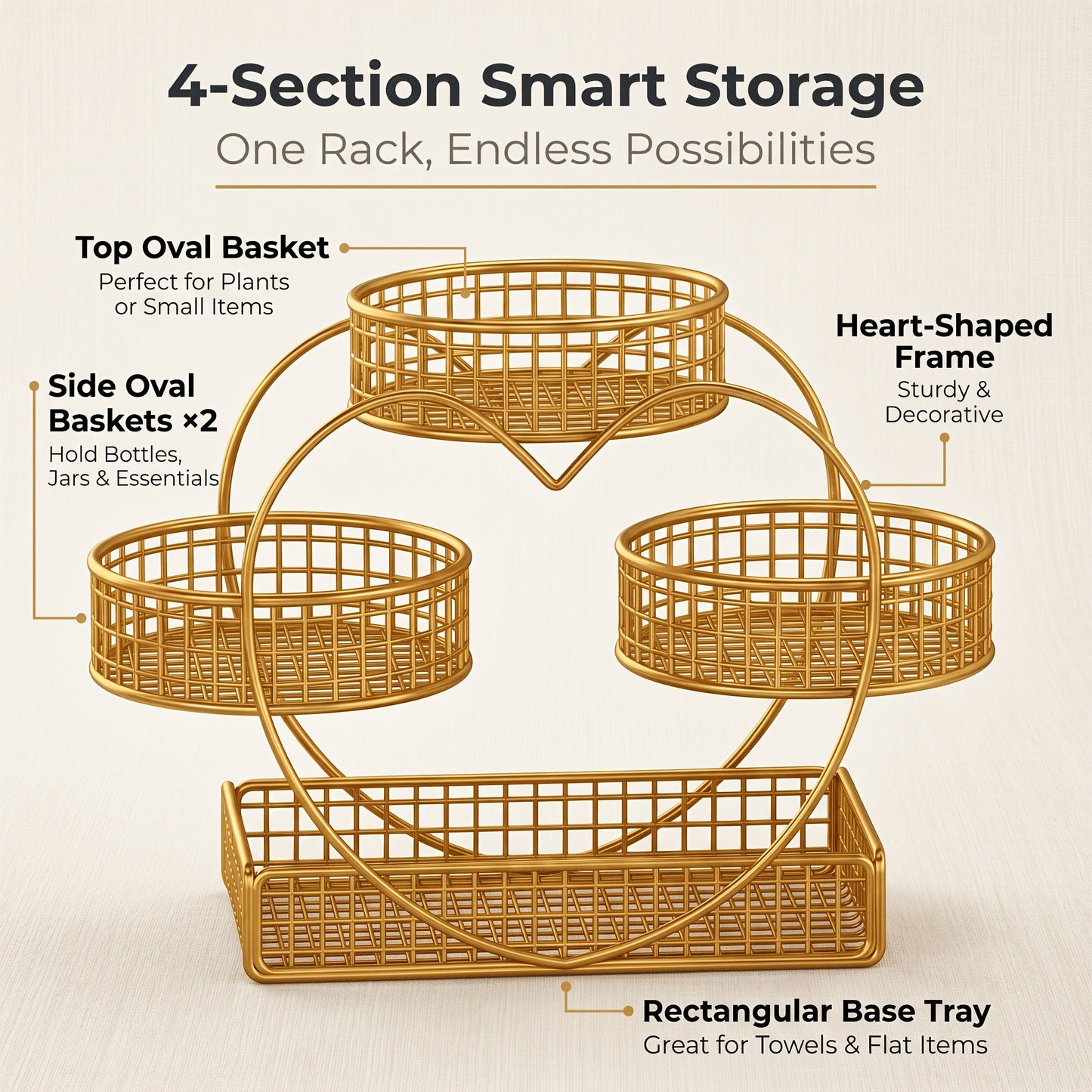 Wire Fruit Stand 3-Tier Golden Metal Basket | Large Capacity Kitchen Counter Organizer for Fruits Vegetables Bread Snacks Produce
