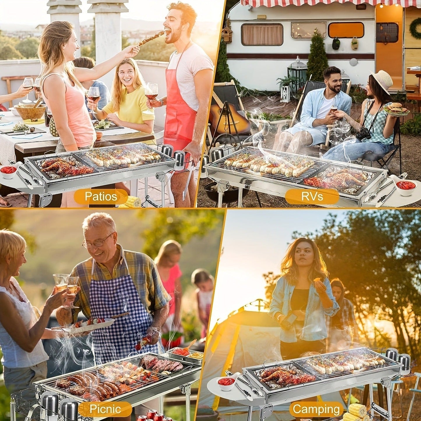 Folding Charcoal Grill with Stainless-Steel-Labeled Frame, Lower Shelf and Large or Extra-Large Package Options