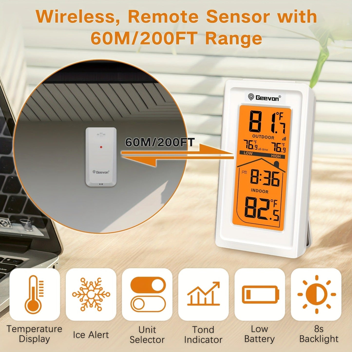 Indoor Outdoor Thermometer Hygrometer - Temperature Humidity Meter with Time Display, 48Hr History, Backlight & Ice Warning