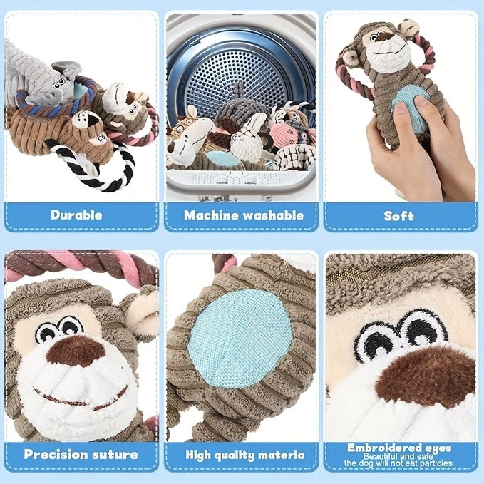 Dog Toy Plush Rope Animal-Print Squeaker Set with Random 6, 8 or 10-Piece Options and No Batteries