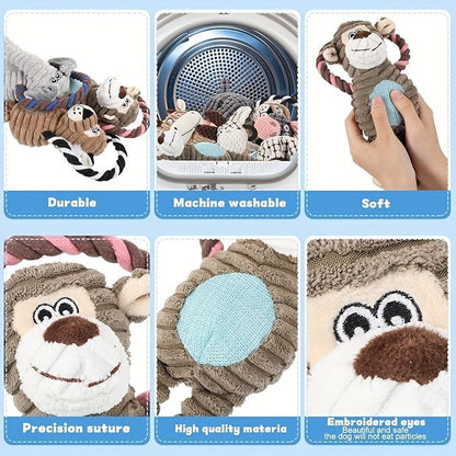 Dog Toy Plush Rope Animal-Print Squeaker Set with Random 6, 8 or 10-Piece Options and No Batteries