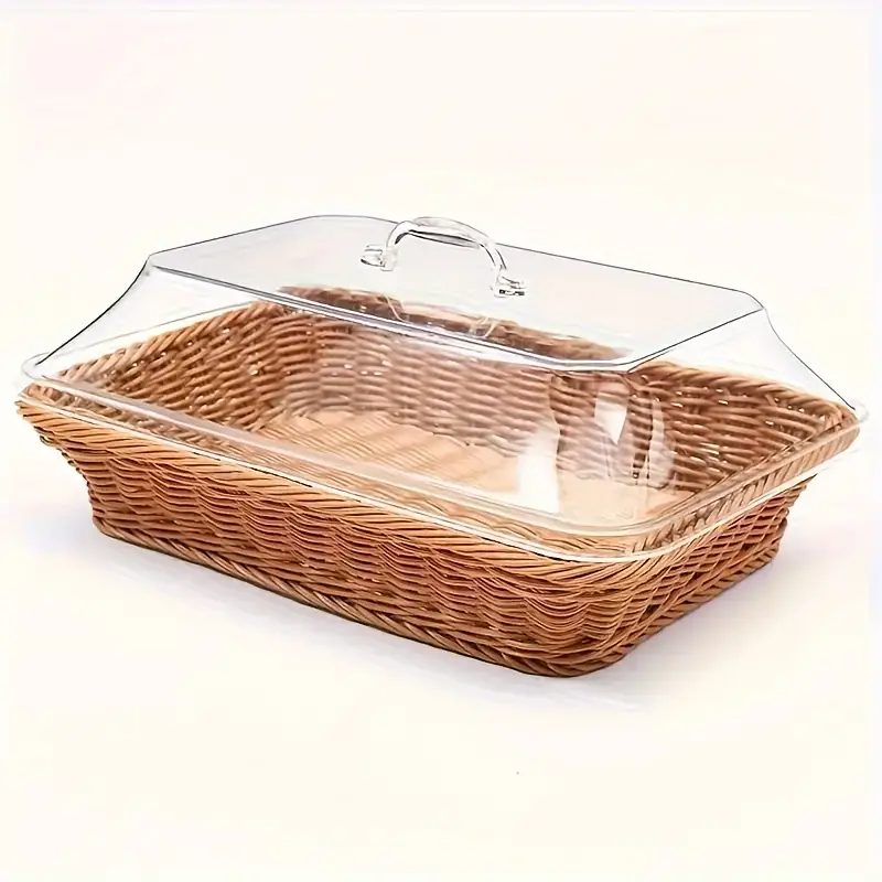 Wicker Bread and Fruit Storage Basket with Clear Acrylic Lid in Square or Round Checkout Shapes