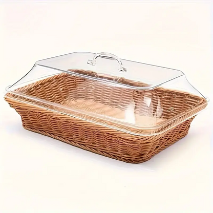 Wicker Bread and Fruit Storage Basket with Clear Acrylic Lid in Square or Round Checkout Shapes