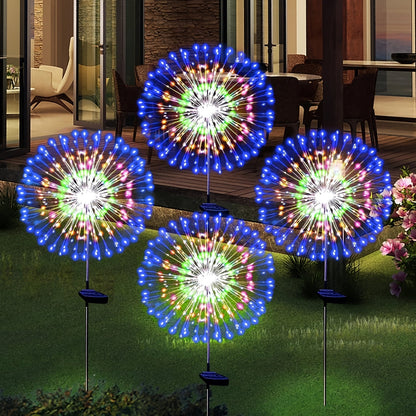 Solar Garden Lights 4-Pack Firework Stakes with 8 Modes in Warm White or Multicolor and Hanging Option