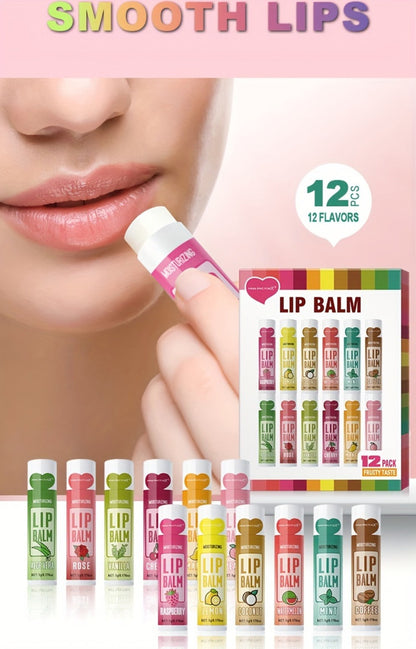 12-Piece Tube Lip Balm Set with 12 Pictured Fruit and Botanical Flavor Labels in a Display Box