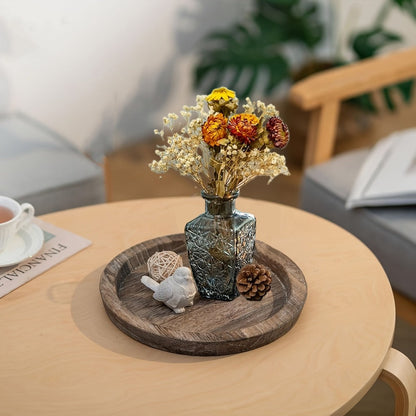 Round Wave-Edge Decorative Tray in White Wood Grain, Charcoal or Washed White for Coffee Table Displays