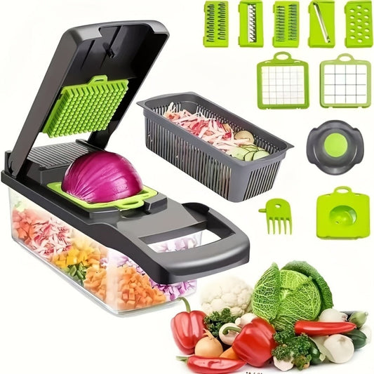 14-in-1 Vegetable Chopper & Food Dicer | Stainless Steel Blades, Large Capacity Collector, Egg Separator, Easy Clean – Manual Kitchen Slicer Grater