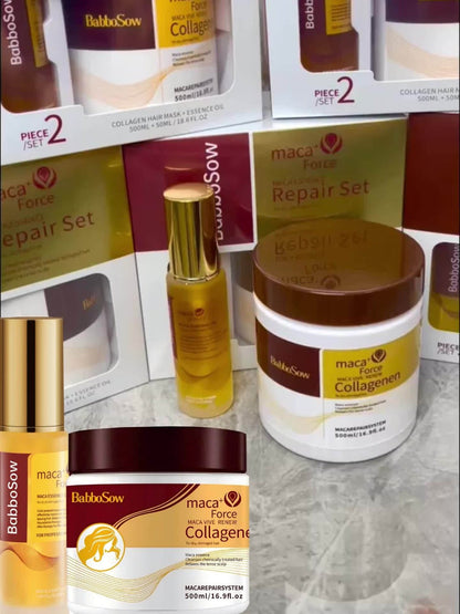Argan Oil Collagen Hair Mask Set 500ml — Keratin Deep Conditioning Treatment, Repairs Damaged Dry Hair, Restores Shine & Strength, Maca Essence + Essential Oil, Gift for Women