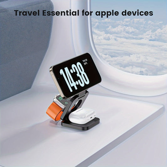 3-in-1 Foldable Travel Charging Station Magnetic Wireless Charger Dock for iPhone 17 16 15 14 13 12 Pro Max, Apple Watch Ultra 2 Series 9 8 7 6 5 4 3 2 SE, AirPods 4 3 2 Pro – Compact Portable – Black