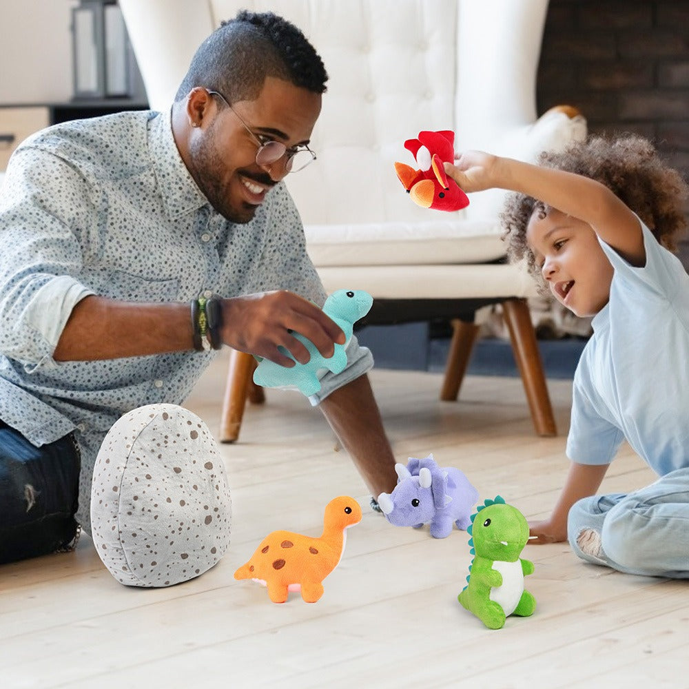 Plush Toy – Five-Pack Mini Dinosaur Set with 5–6-Inch Dinos and Green Egg Carrying Case for Display