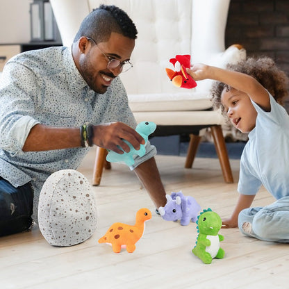 Plush Toy – Five-Pack Mini Dinosaur Set with 5–6-Inch Dinos and Green Egg Carrying Case for Display