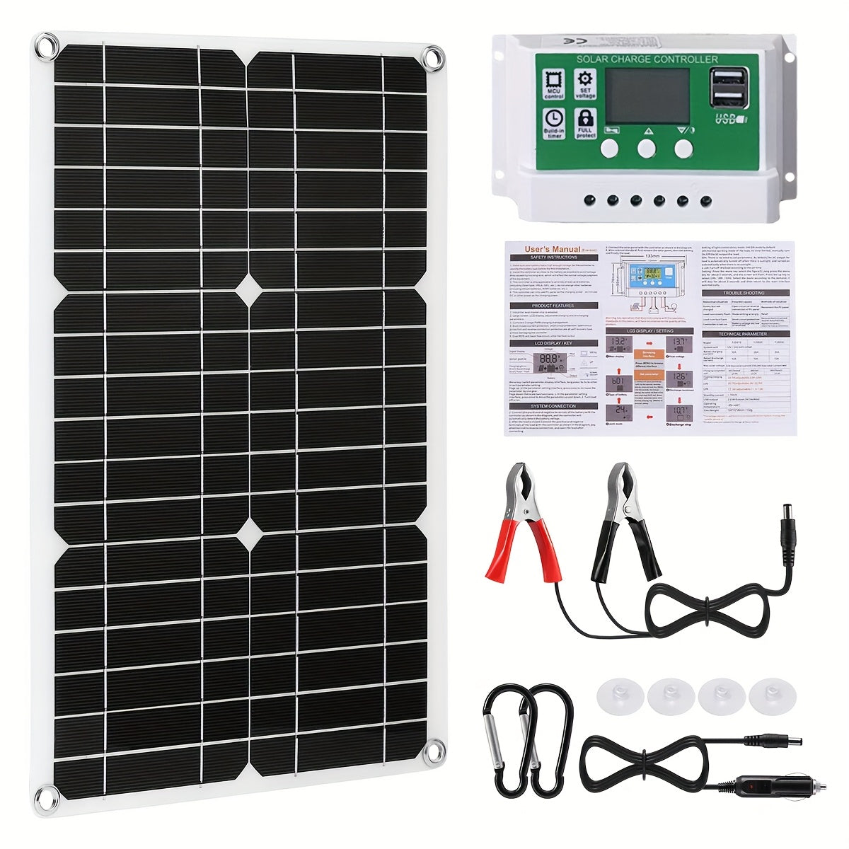Solar Panel Kit 12V Monocrystalline | Solar Charge Controller, Battery Clips, Extension Cable, USB Ports for Car, Boat, RV, Motorcycle, Camping, Emergency Battery Charging