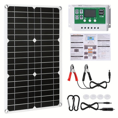 Solar Panel Kit 12V Monocrystalline | Solar Charge Controller, Battery Clips, Extension Cable, USB Ports for Car, Boat, RV, Motorcycle, Camping, Emergency Battery Charging