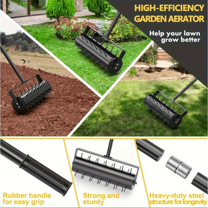Seventeen-Inch Manual Lawn Punch Aerator with Long Black Handle and Visible Spiked Roller Design