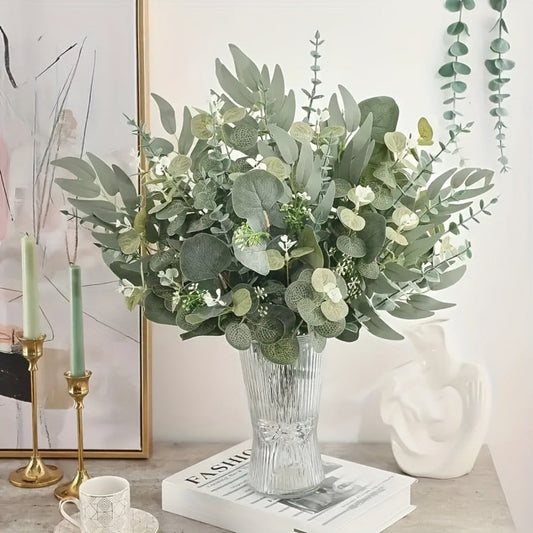 Artificial Flowers Eucalyptus Stem Set in 50 or 56 Pieces with Four Leaf Varieties and White Accents