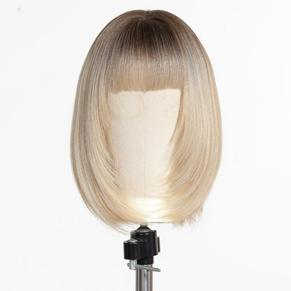 Synthetic Wig 14-Inch White Golden Straight Style with Full Bangs and Glueless Rose Net Cap