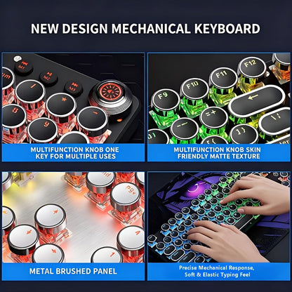 Mechanical Keyboard with Retro Round Keycaps, Green Switches, RGB Backlighting and Multifunction Control Knob