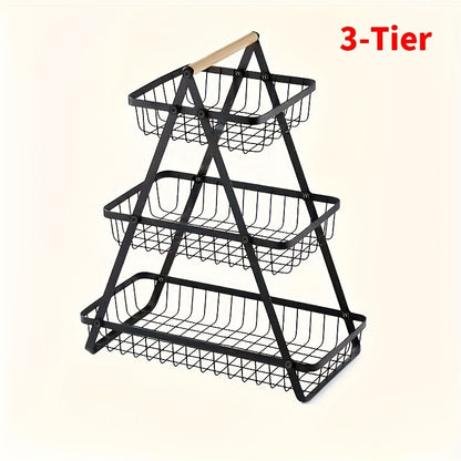 Freestanding Tiered Metal Wire Storage Basket with Wood-Tone Top Handle in Two- or Three-Tier Options