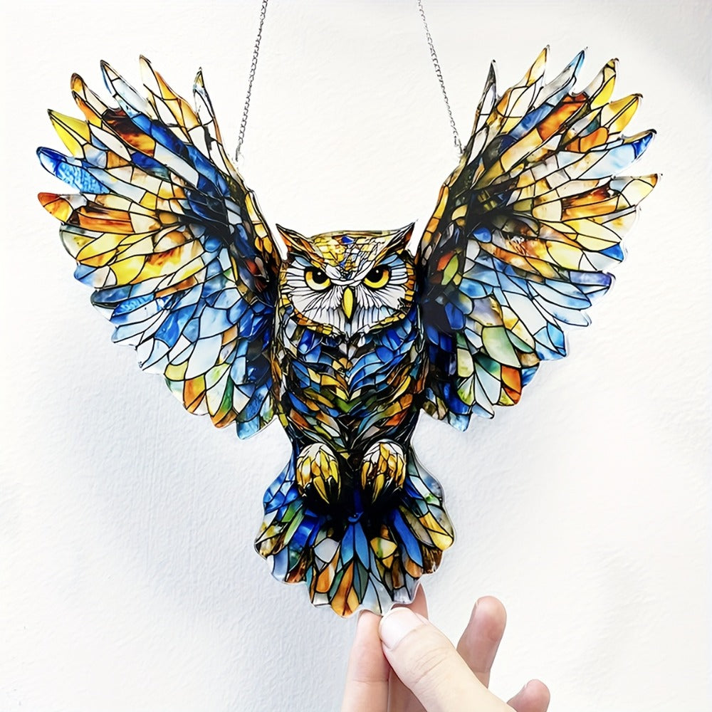Owl Hanging Ornament Colorful Acrylic 6.7"x8", 2D Flat Animal Wall Art Decoration for Christmas Tree, Home, Office & Outdoor, Unique Birthday & Anniversary Gift for Her – Boho Bird Decor (1pc)